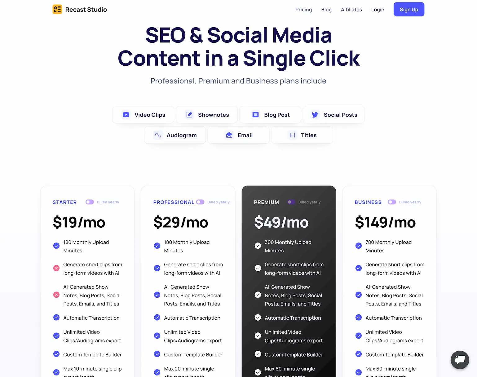 Recast Studio - AI powered podcast marketing assistant pricing and features