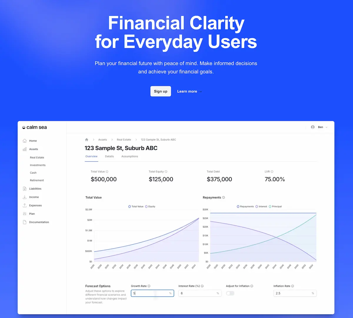 Calm Sea financial planning and retirement tools preview