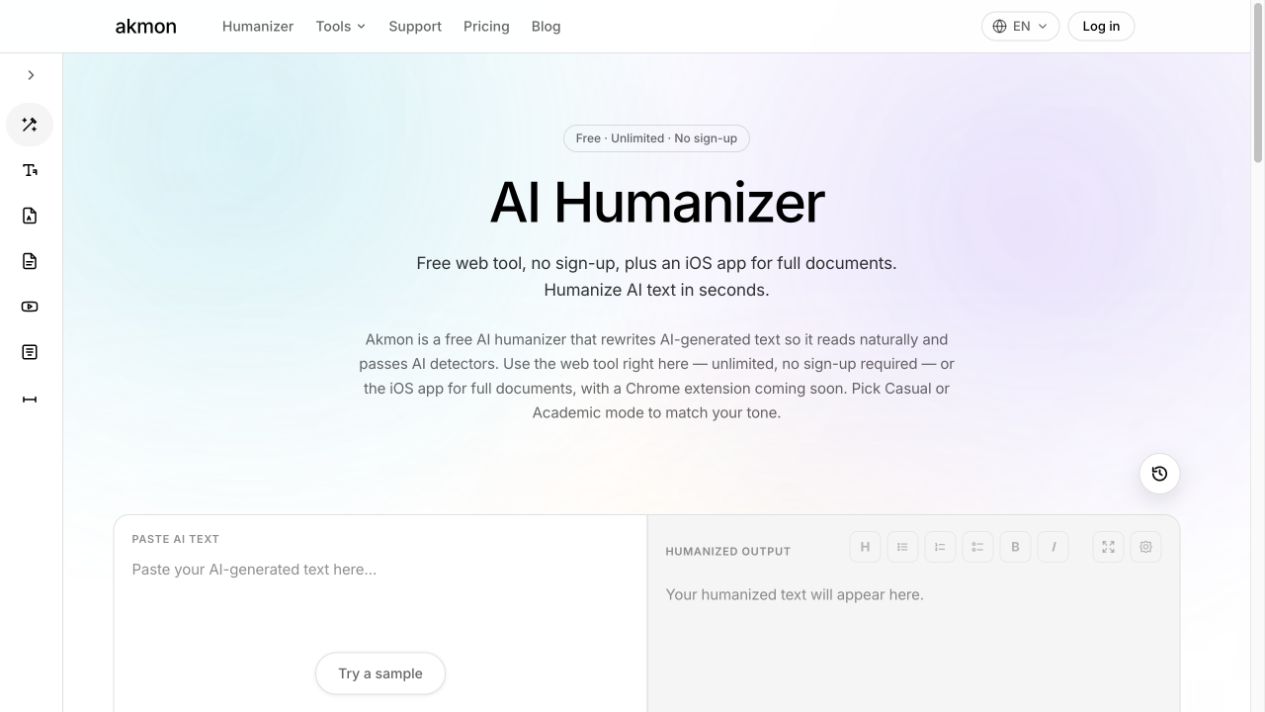 Akmon AI humanizer homepage screenshot