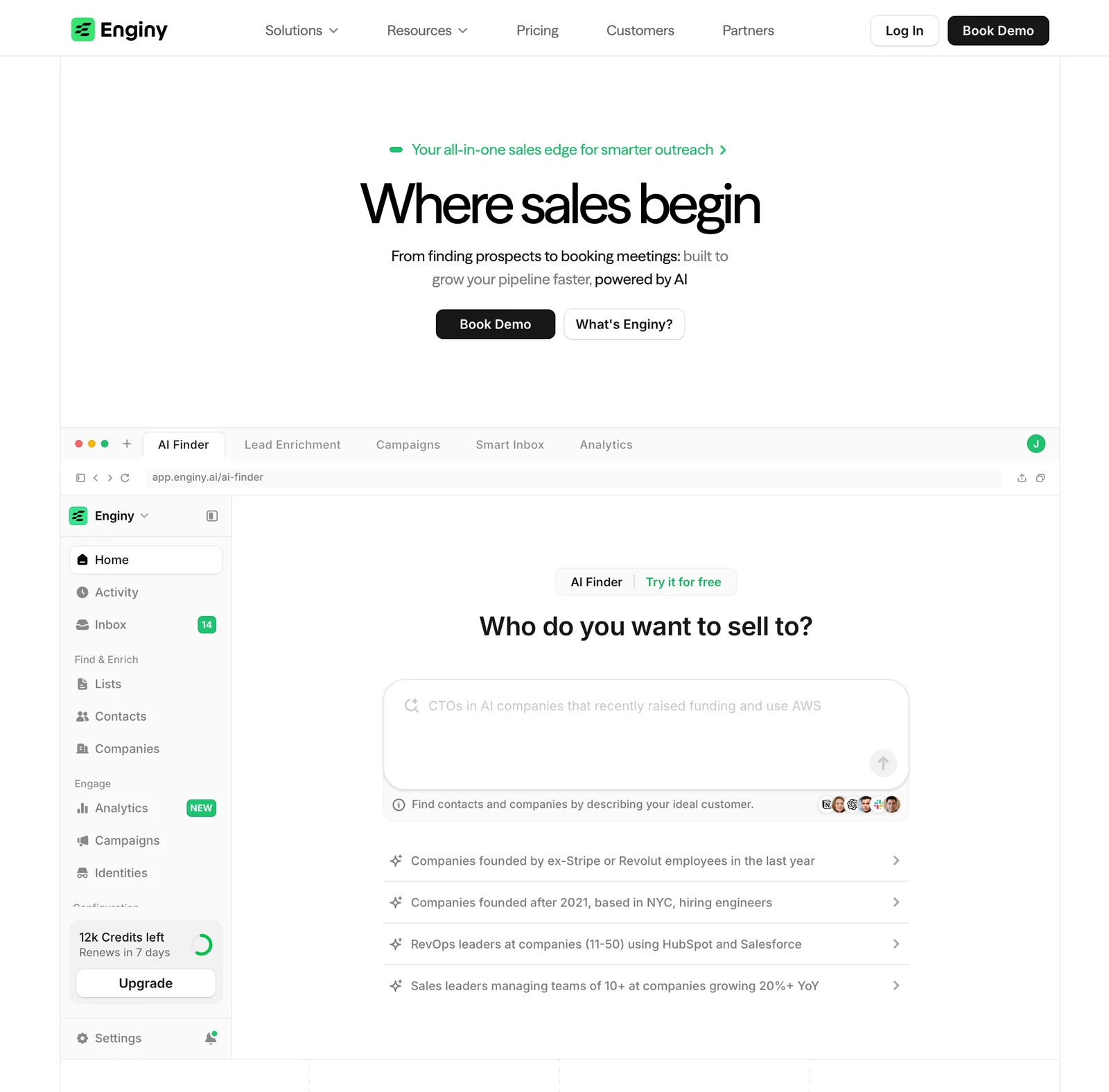 Enginy homepage showing its AI-powered B2B sales platform and AI Finder interface