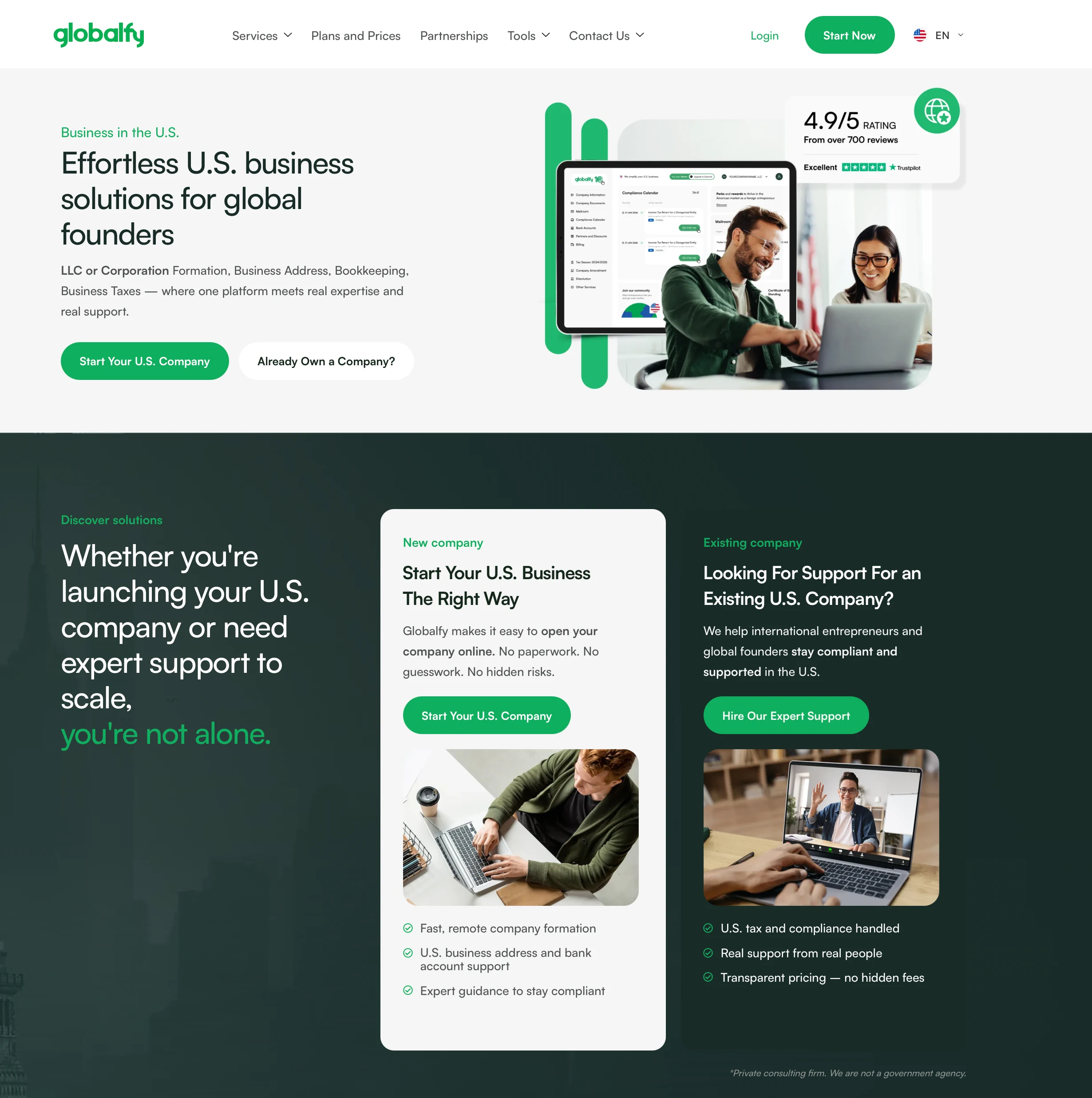 Globalfy homepage showing U.S. business formation and ongoing company support services